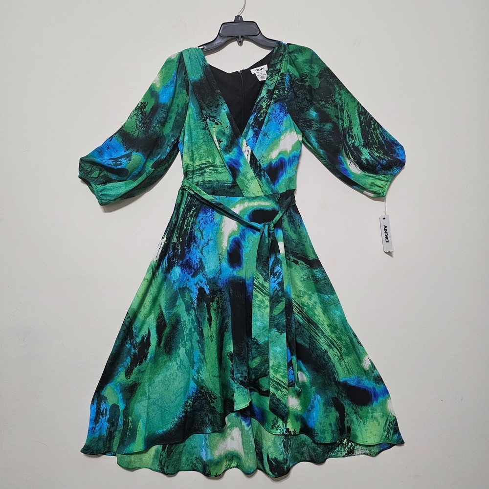 DKNY Women Dress 8/Medium A-Line Green Black Long Balloon Sleeves Vneck Belt 864